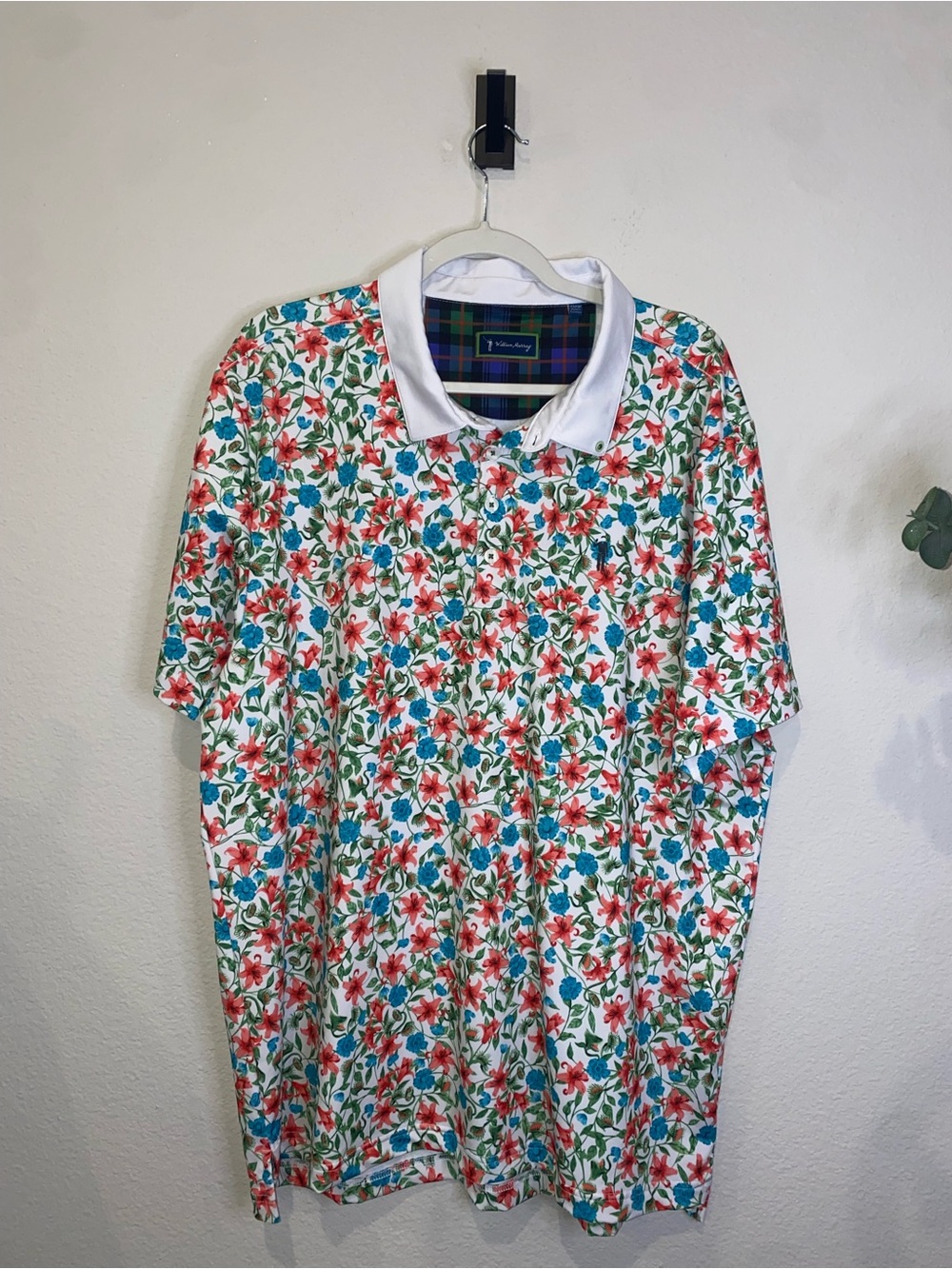 GOLF POLO William Murray Golf White Polo with Red & Teal Floral Print XL